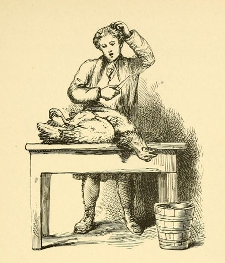 man holding knife looks at dead chicken on the table