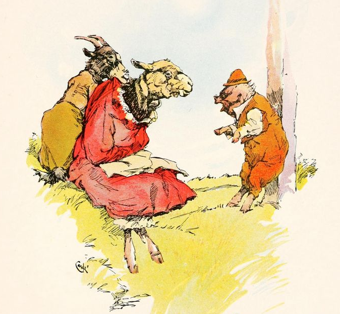 pig speaks to sheep and goat; all the animals are wearing clothes